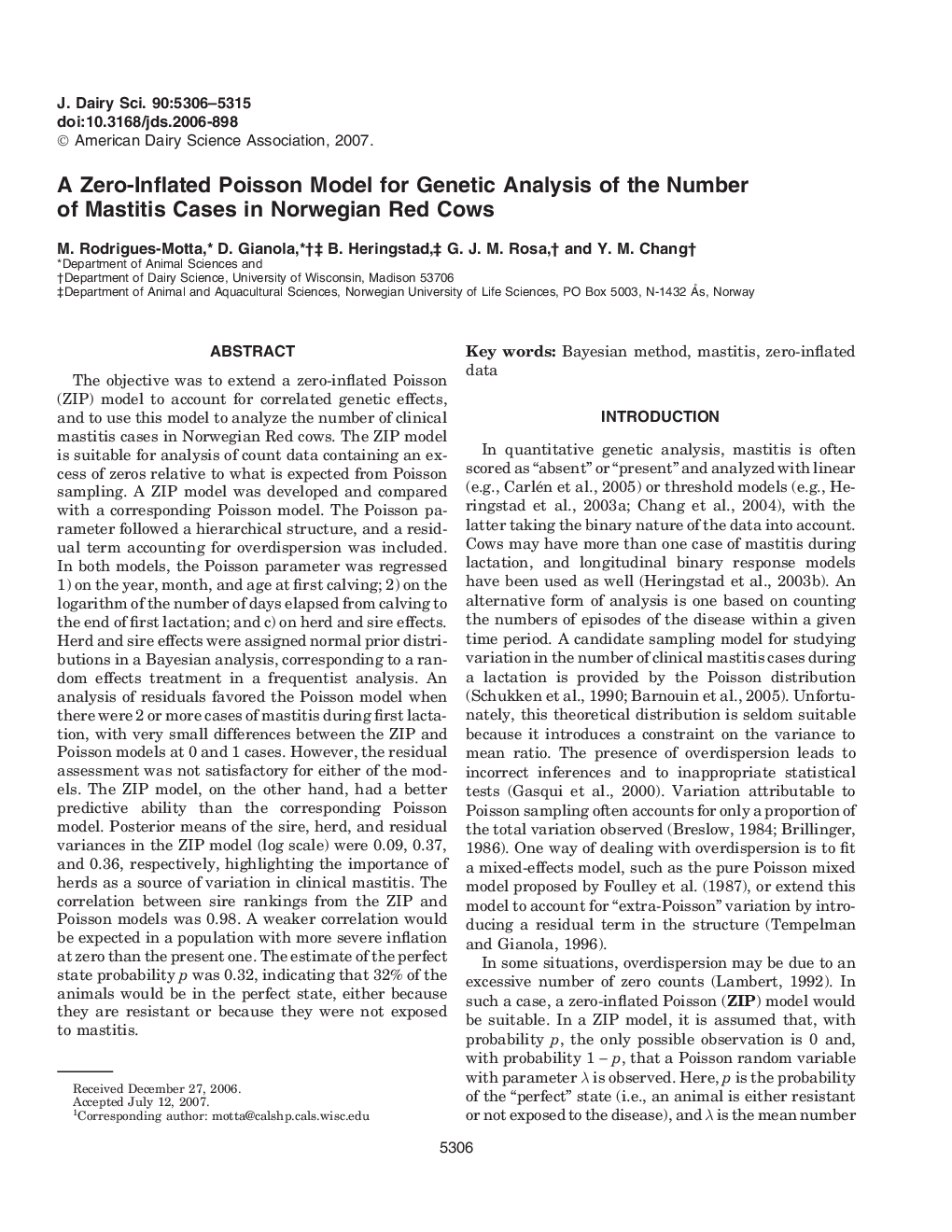 A Zero-Inflated Poisson Model for Genetic Analysis of the Number of Mastitis Cases in Norwegian Red Cows