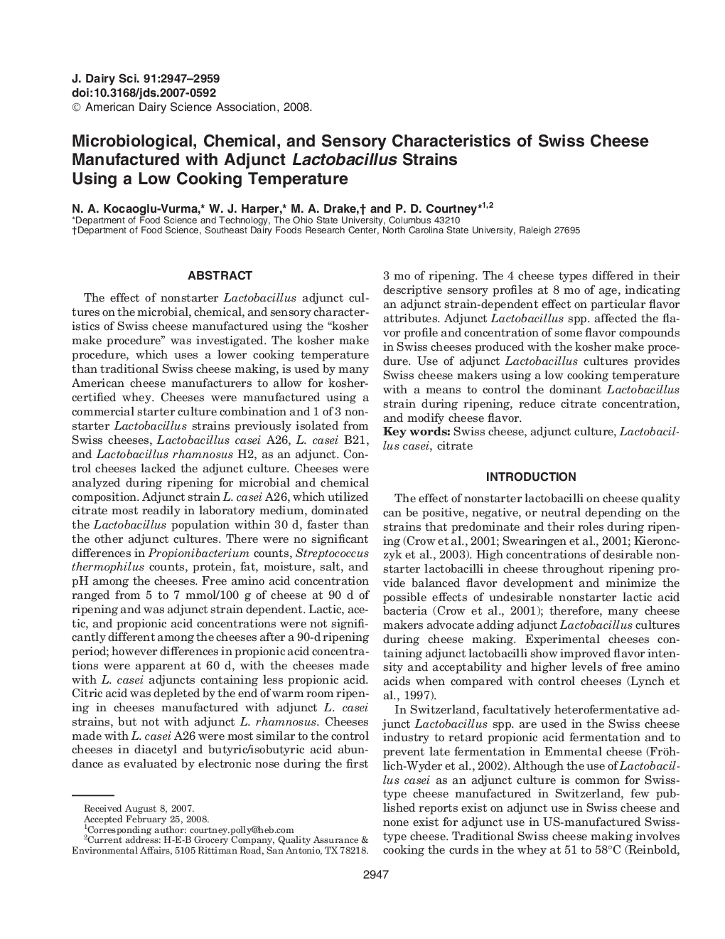 Microbiological, Chemical, and Sensory Characteristics of Swiss Cheese Manufactured with Adjunct Lactobacillus Strains Using a Low Cooking Temperature