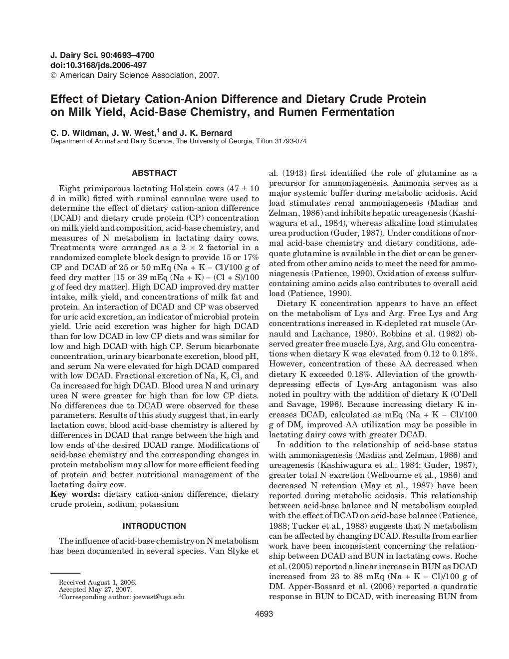 Effect of Dietary Cation-Anion Difference and Dietary Crude Protein on Milk Yield, Acid-Base Chemistry, and Rumen Fermentation