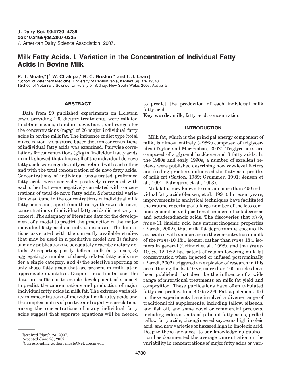 Milk Fatty Acids. I. Variation in the Concentration of Individual Fatty Acids in Bovine Milk