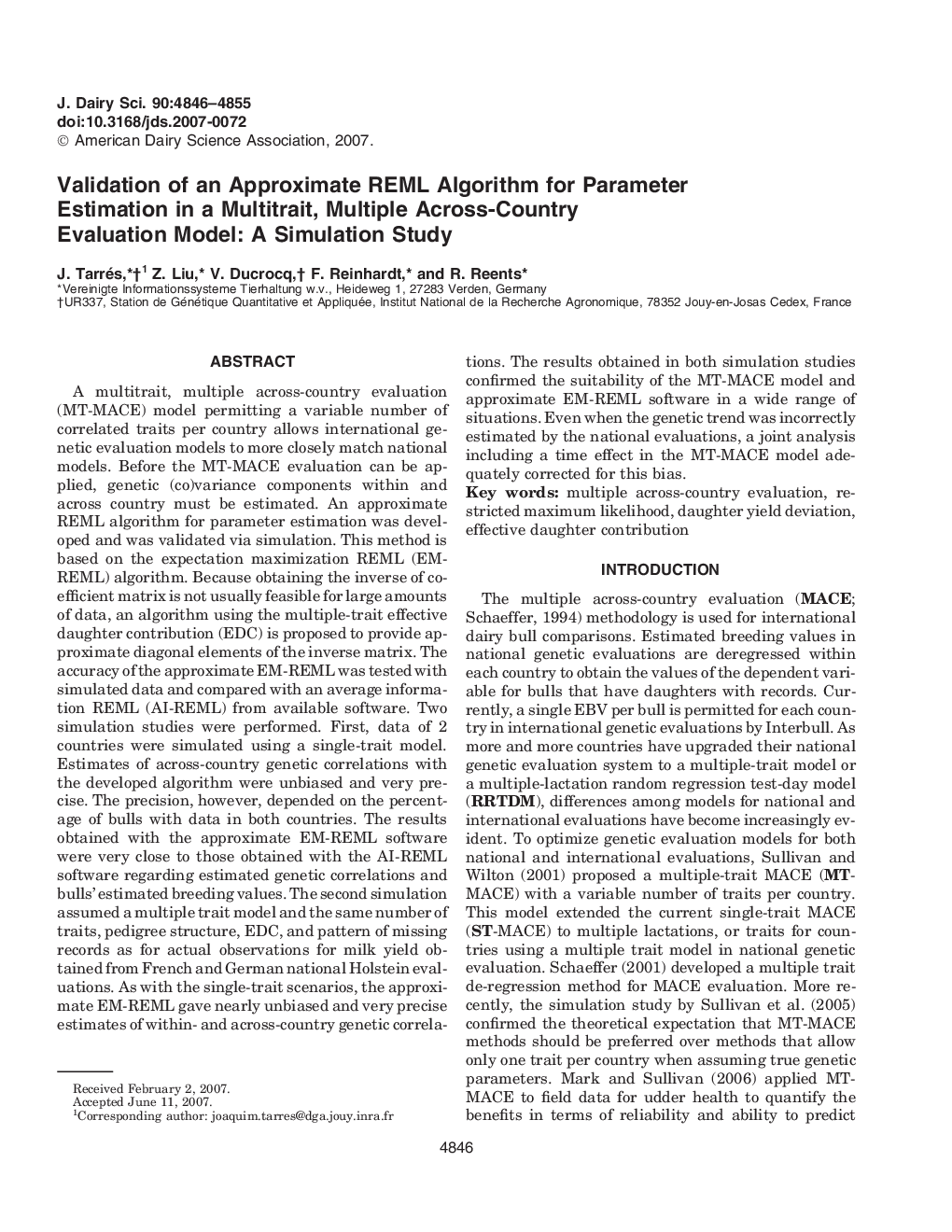 Validation of an Approximate REML Algorithm for Parameter Estimation in a Multitrait, Multiple Across-Country Evaluation Model: A Simulation Study