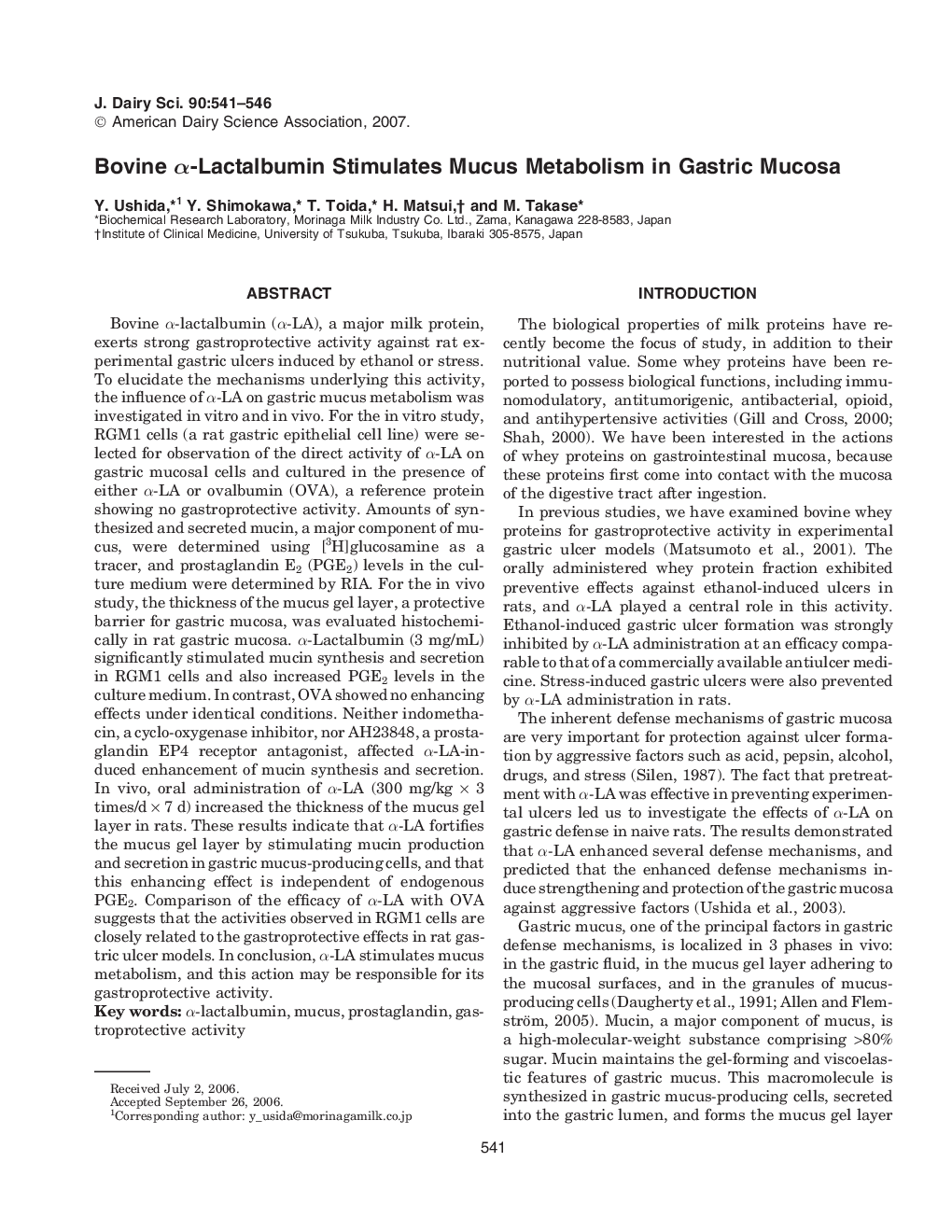 Bovine Î±-Lactalbumin Stimulates Mucus Metabolism in Gastric Mucosa