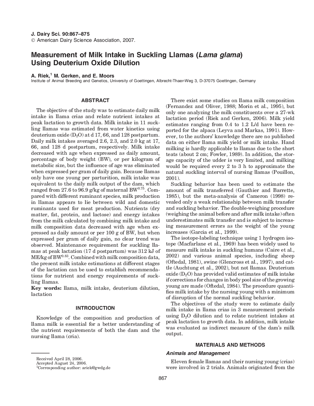 Measurement of Milk Intake in Suckling Llamas (Lama glama) Using Deuterium Oxide Dilution