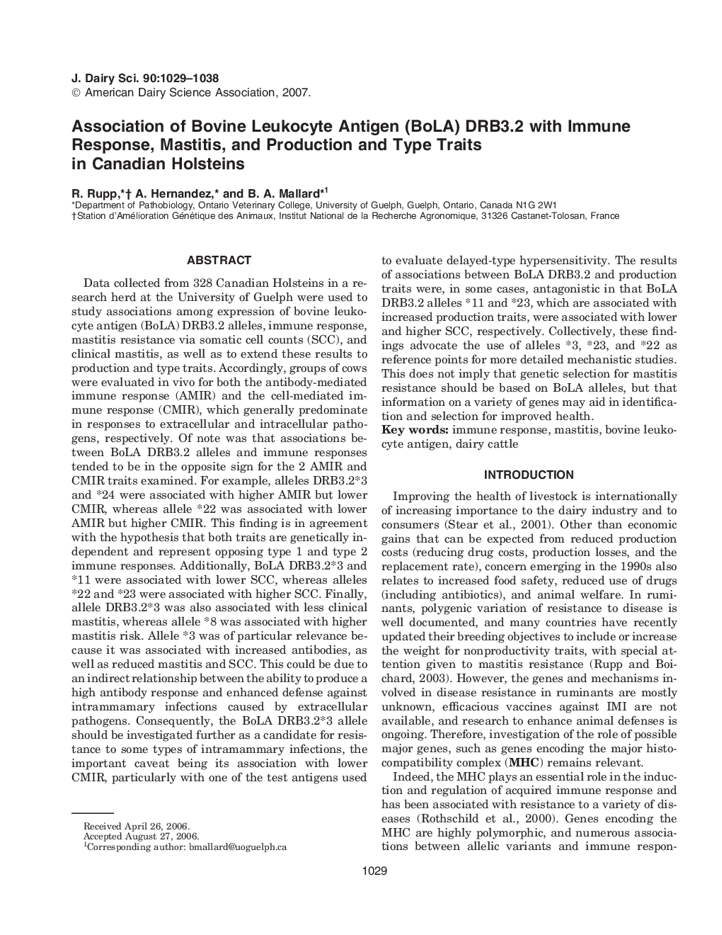 Association of Bovine Leukocyte Antigen (BoLA) DRB3.2 with Immune Response, Mastitis, and Production and Type Traits in Canadian Holsteins