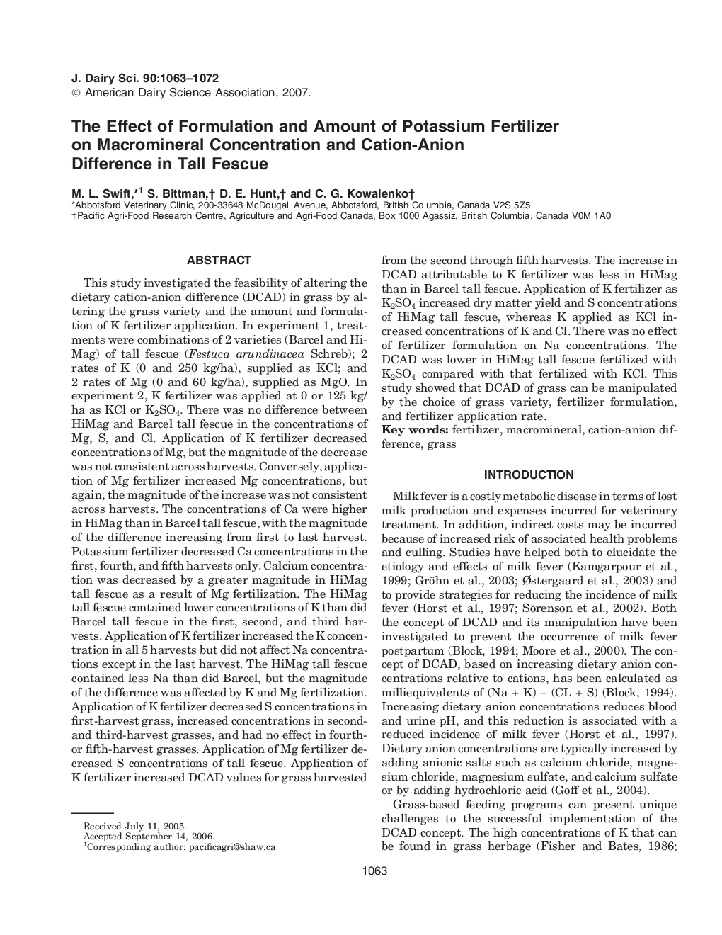 The Effect of Formulation and Amount of Potassium Fertilizer on Macromineral Concentration and Cation-Anion Difference in Tall Fescue