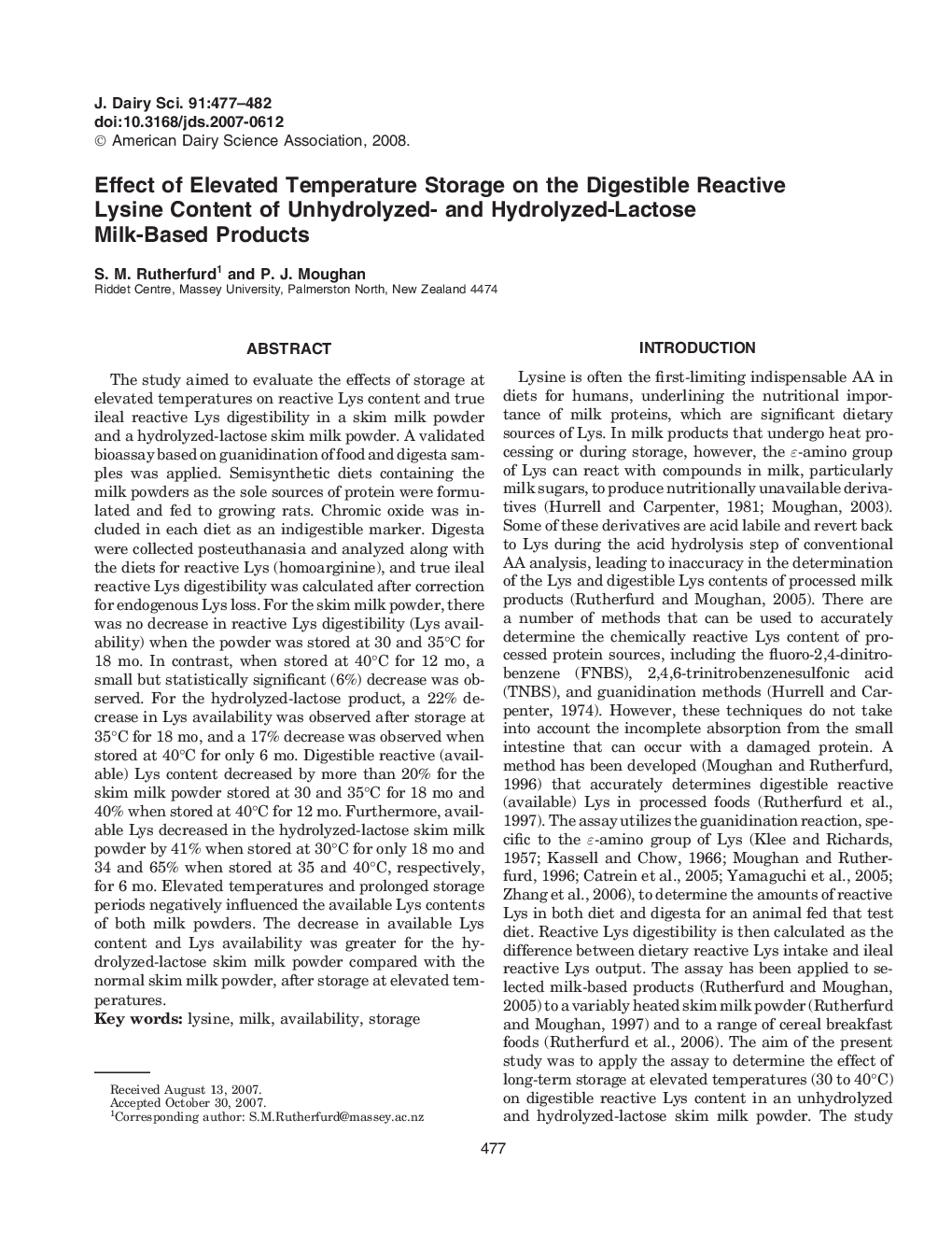 Effect of Elevated Temperature Storage on the Digestible Reactive Lysine Content of Unhydrolyzed- and Hydrolyzed-Lactose Milk-Based Products