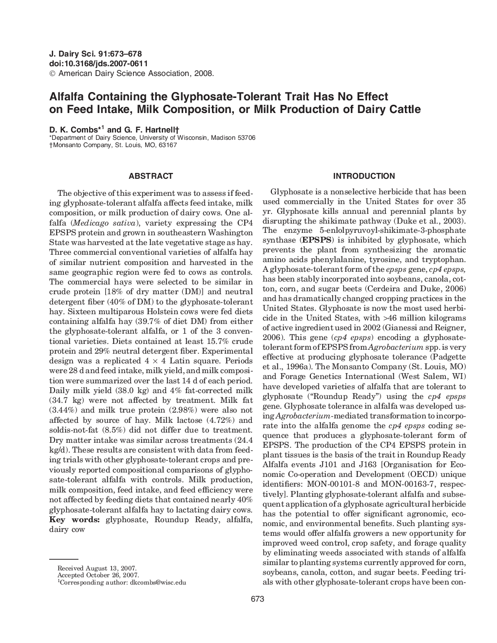 Alfalfa Containing the Glyphosate-Tolerant Trait Has No Effect on Feed Intake, Milk Composition, or Milk Production of Dairy Cattle