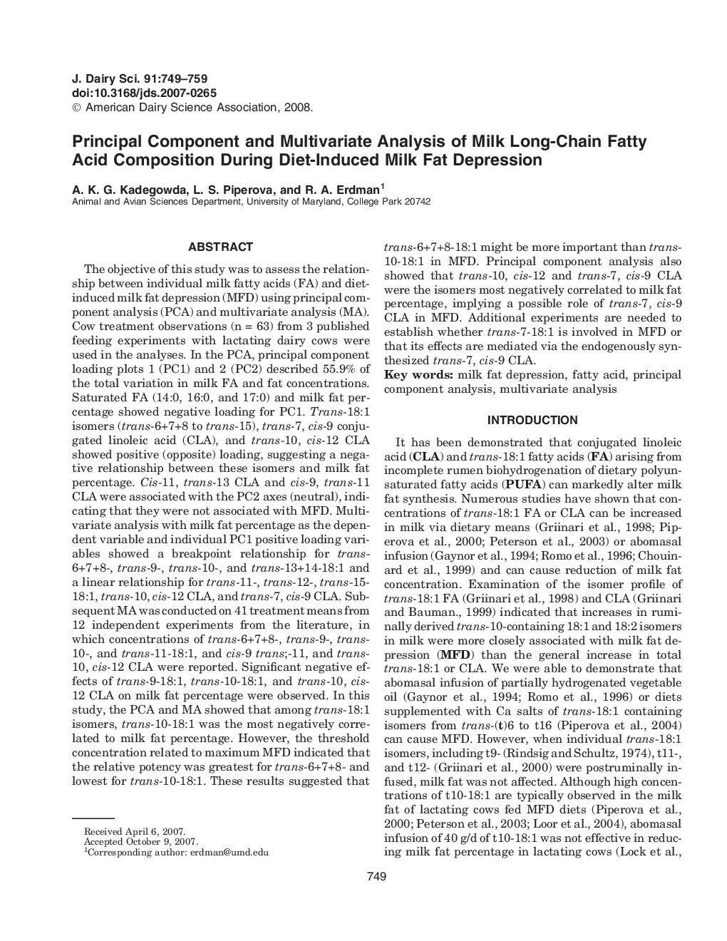 Principal Component and Multivariate Analysis of Milk Long-Chain Fatty Acid Composition During Diet-Induced Milk Fat Depression