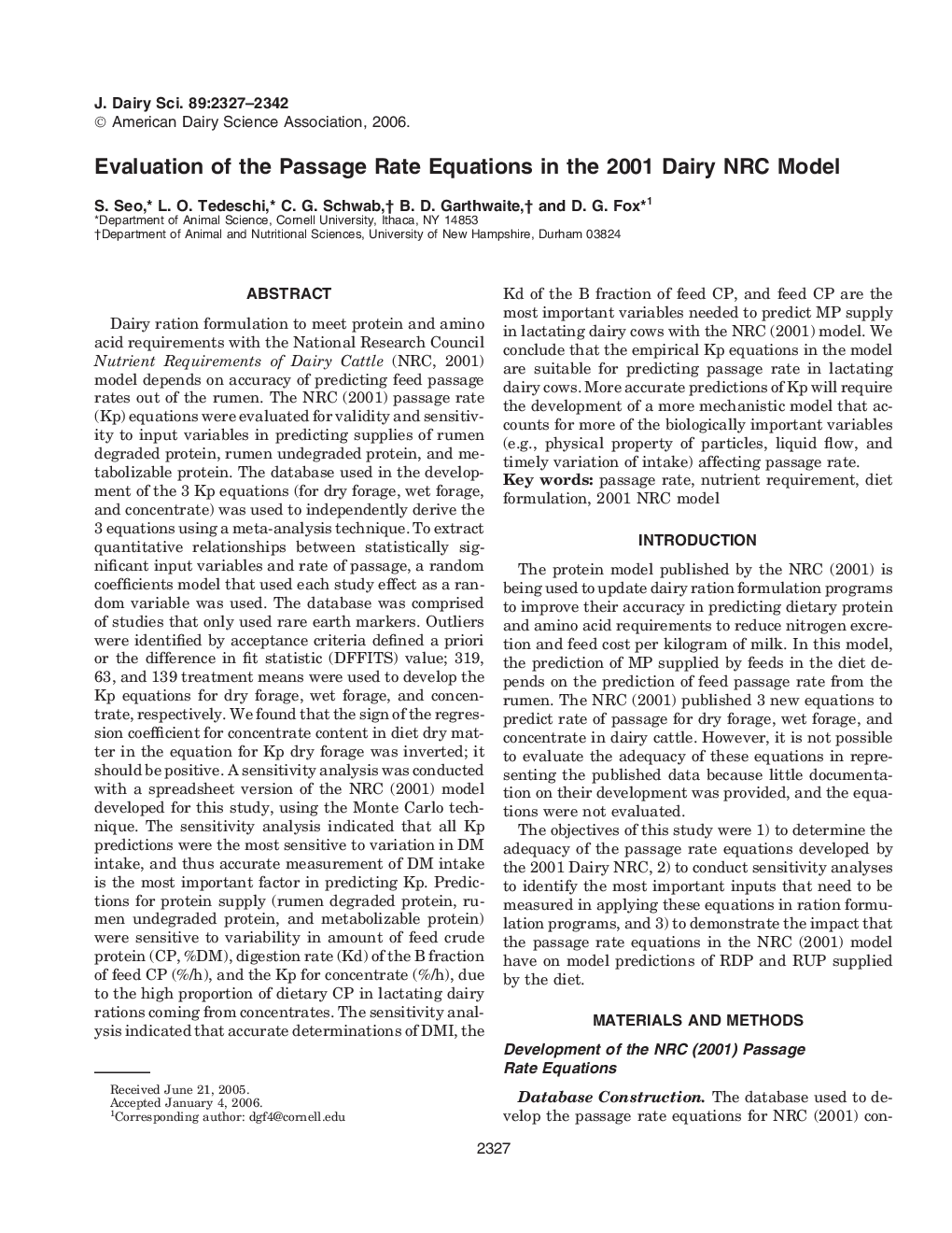 Evaluation of the Passage Rate Equations in the 2001 Dairy NRC Model