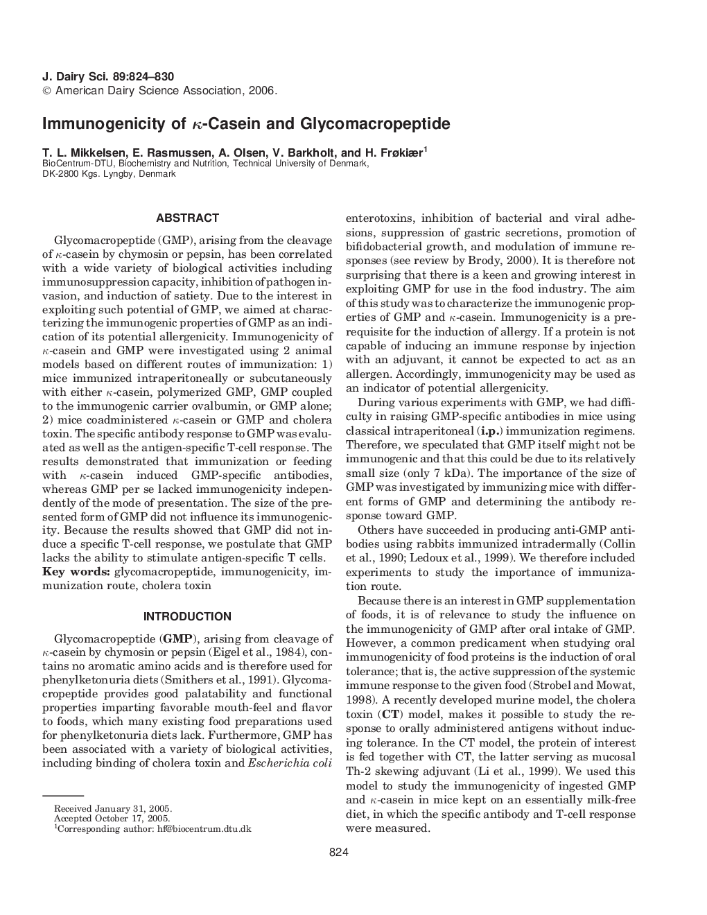 Immunogenicity of Îº-Casein and Glycomacropeptide