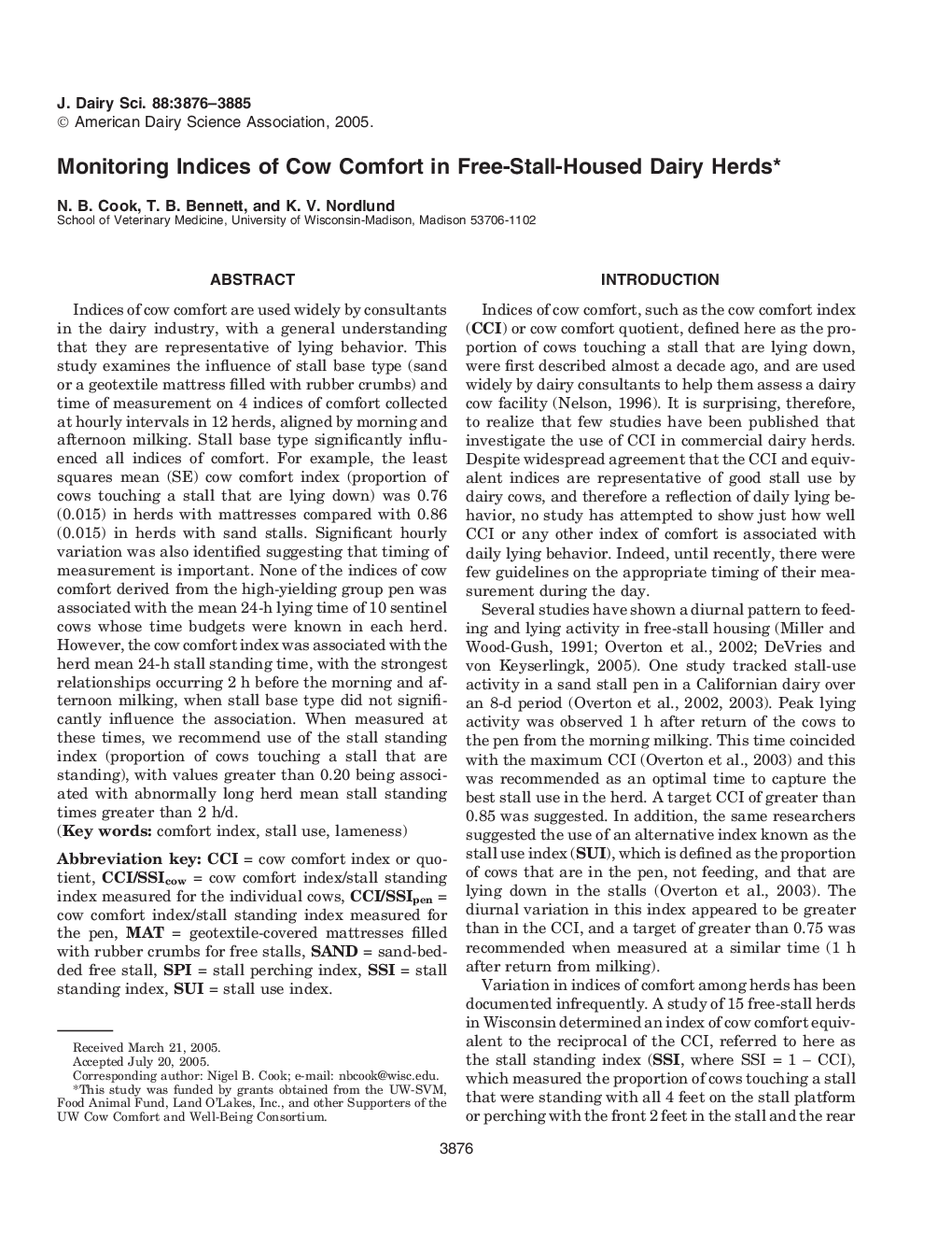 Monitoring Indices of Cow Comfort in Free-Stall-Housed Dairy Herds*