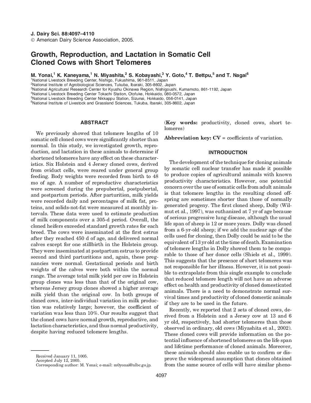 Growth, Reproduction, and Lactation in Somatic Cell Cloned Cows with Short Telomeres