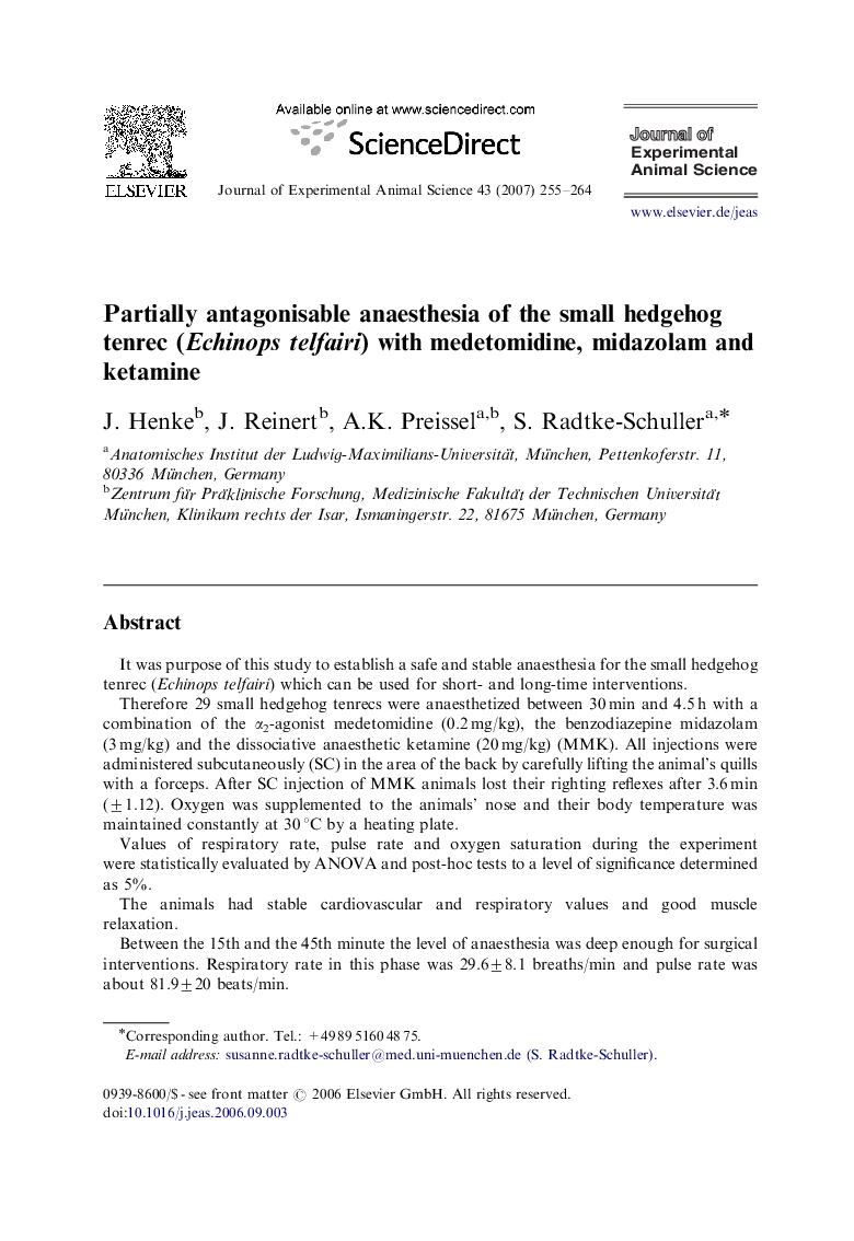 Partially antagonisable anaesthesia of the small hedgehog tenrec (Echinops telfairi) with medetomidine, midazolam and ketamine