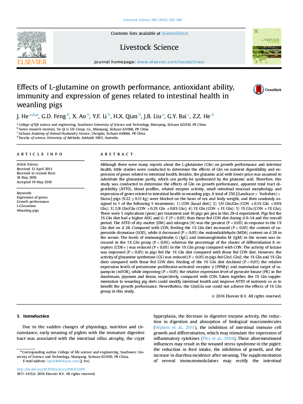 Effects of L-glutamine on growth performance, antioxidant ability, immunity and expression of genes related to intestinal health in weanling pigs