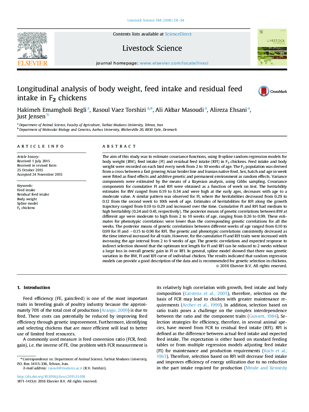 Longitudinal analysis of body weight, feed intake and residual feed intake in F2 chickens