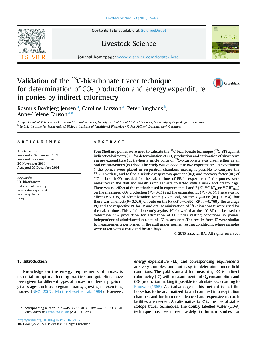 Validation of the 13C-bicarbonate tracer technique for determination of CO2 production and energy expenditure in ponies by indirect calorimetry