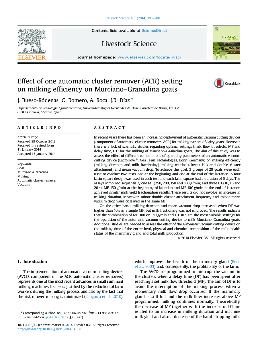 Effect of one automatic cluster remover (ACR) setting on milking efficiency on Murciano–Granadina goats