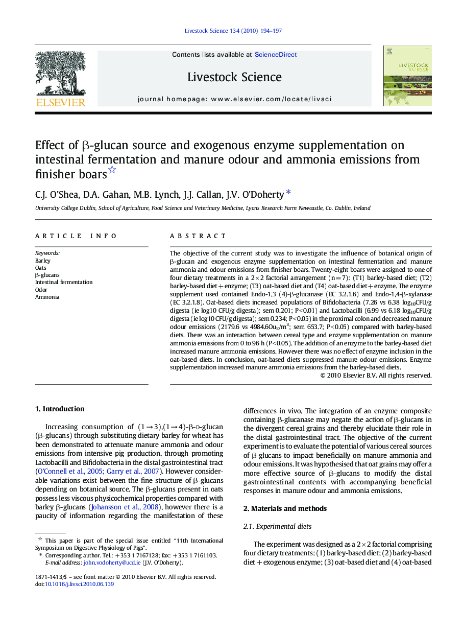 Effect of β-glucan source and exogenous enzyme supplementation on intestinal fermentation and manure odour and ammonia emissions from finisher boars 