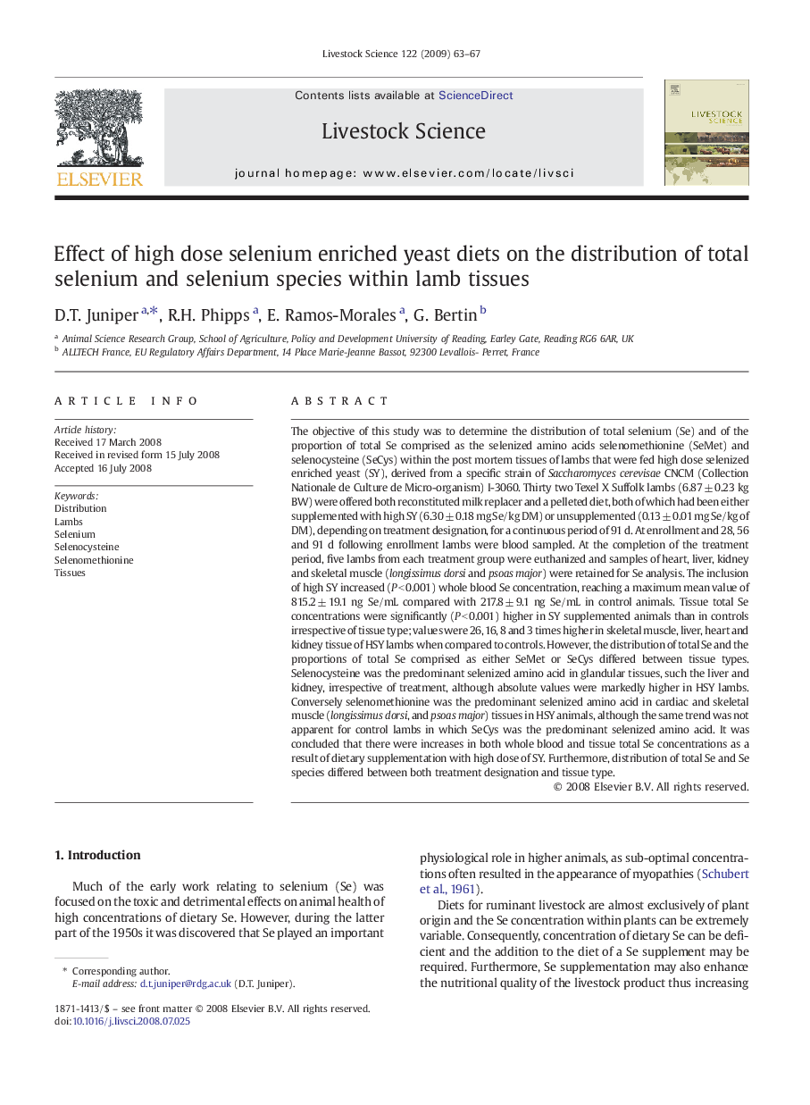 Effect of high dose selenium enriched yeast diets on the distribution of total selenium and selenium species within lamb tissues