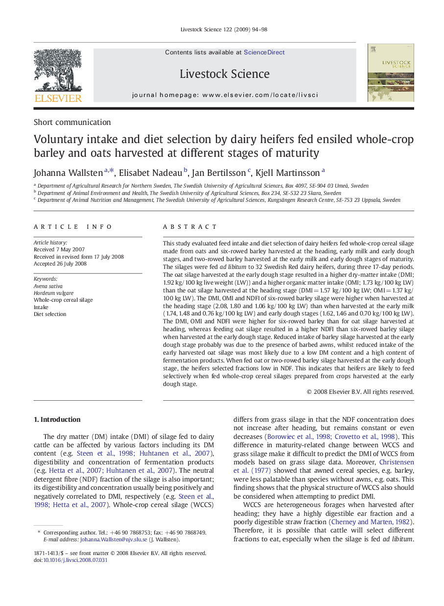 Voluntary intake and diet selection by dairy heifers fed ensiled whole-crop barley and oats harvested at different stages of maturity