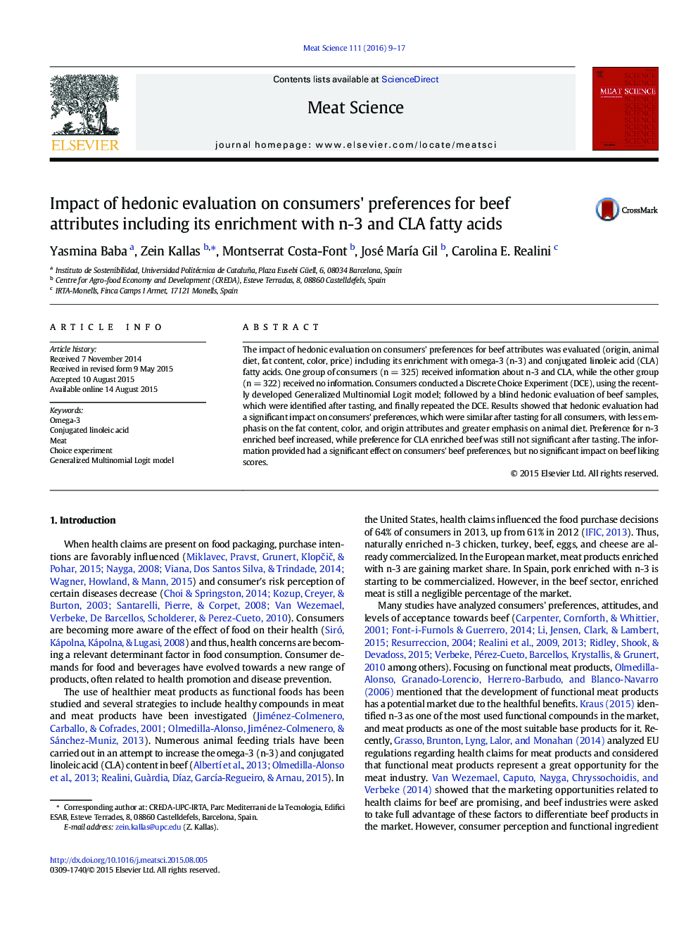 Impact of hedonic evaluation on consumers' preferences for beef attributes including its enrichment with n-3 and CLA fatty acids