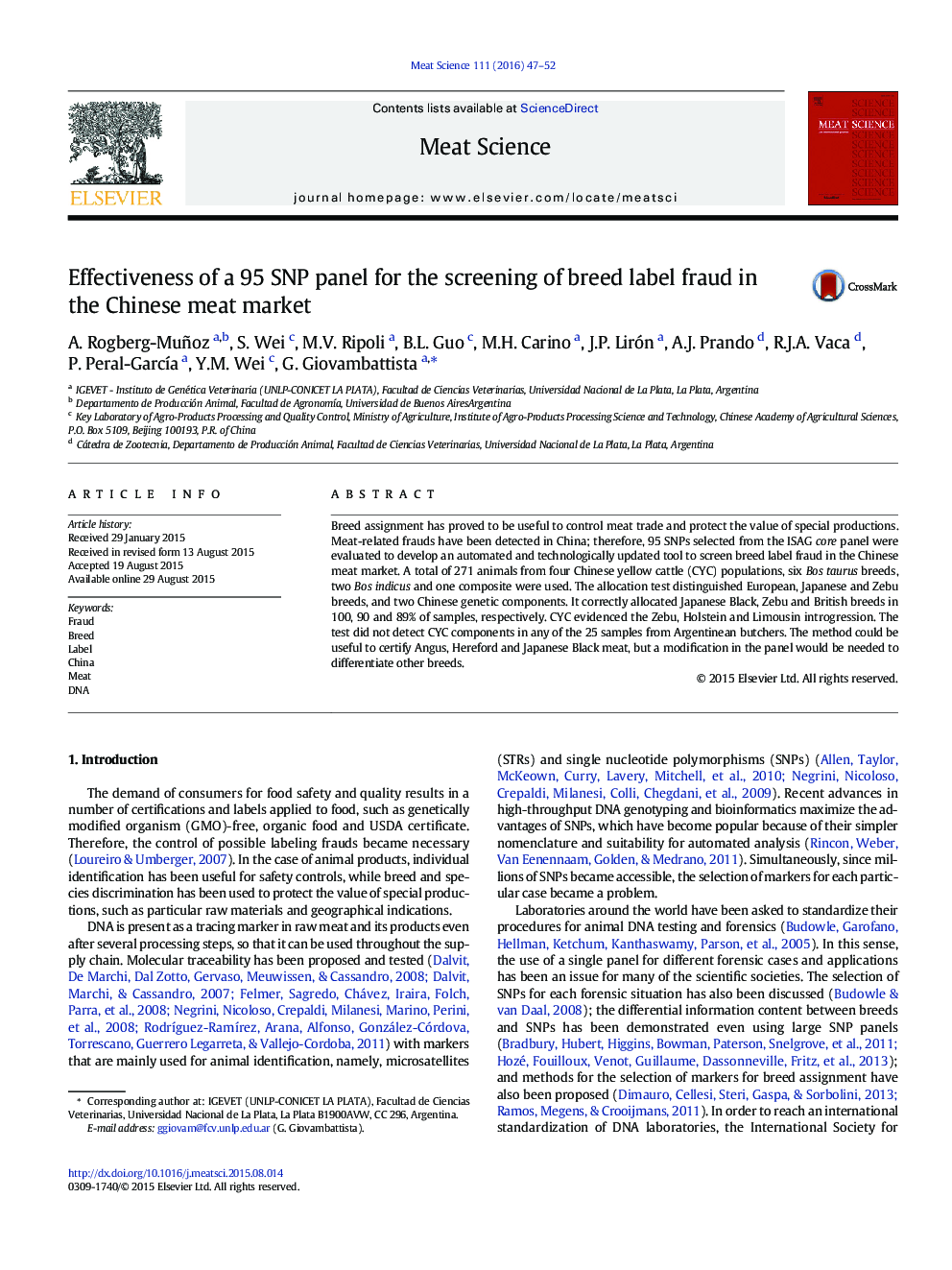 Effectiveness of a 95 SNP panel for the screening of breed label fraud in the Chinese meat market