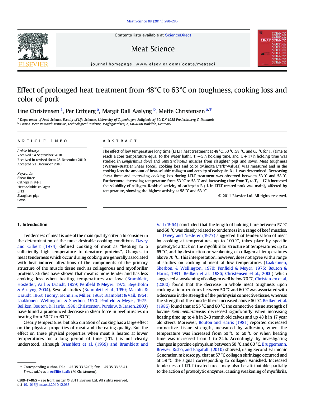 Effect of prolonged heat treatment from 48°C to 63°C on toughness, cooking loss and color of pork