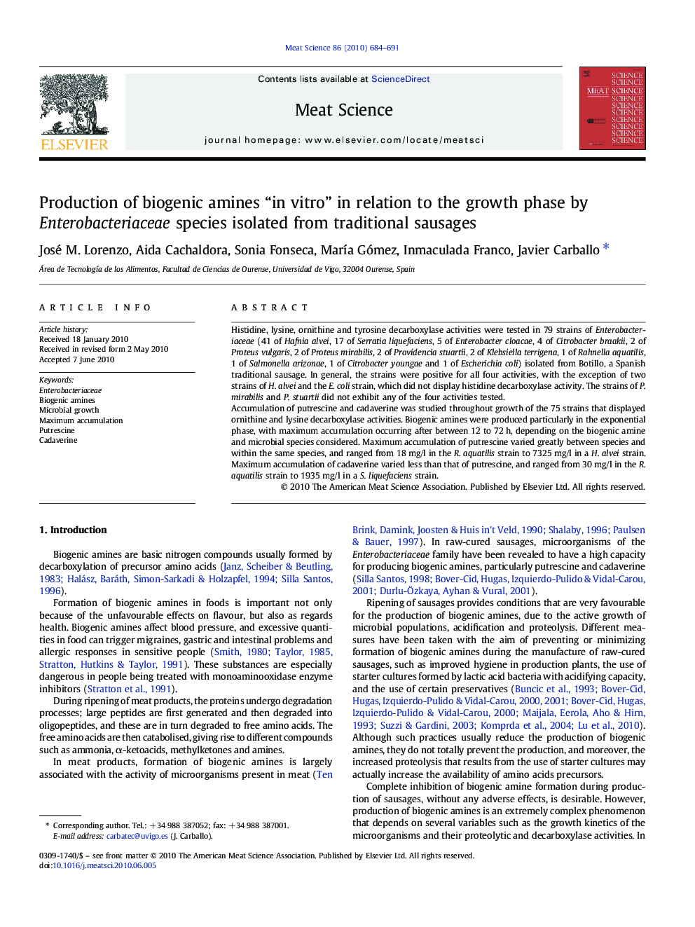 Production of biogenic amines “in vitro” in relation to the growth phase by Enterobacteriaceae species isolated from traditional sausages