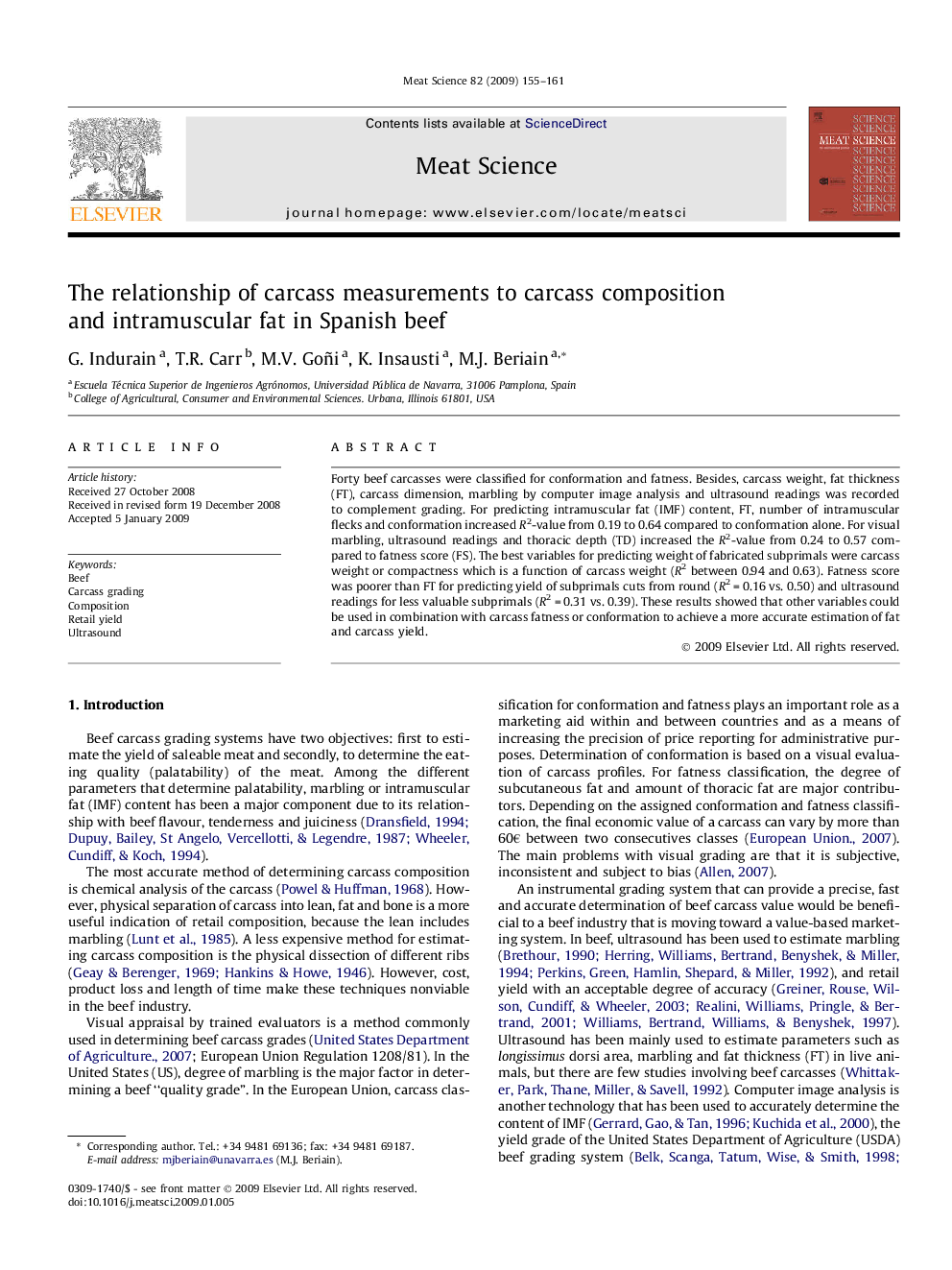 The relationship of carcass measurements to carcass composition and intramuscular fat in Spanish beef