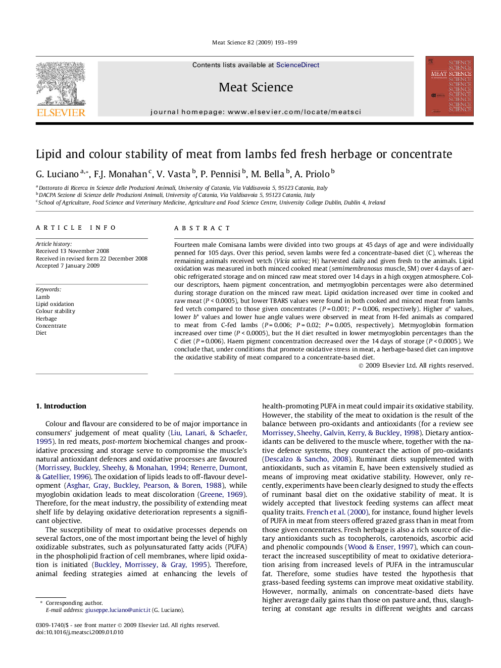 Lipid and colour stability of meat from lambs fed fresh herbage or concentrate