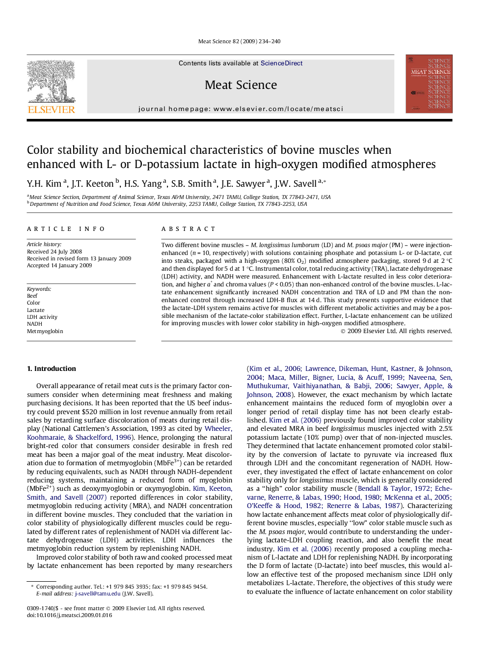 Color stability and biochemical characteristics of bovine muscles when enhanced with L- or D-potassium lactate in high-oxygen modified atmospheres