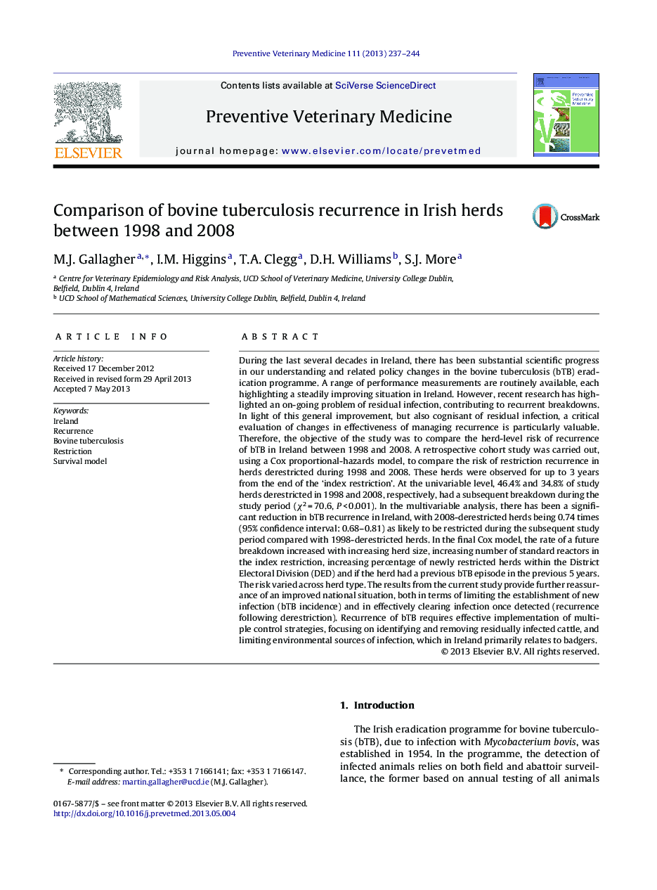 Comparison of bovine tuberculosis recurrence in Irish herds between 1998 and 2008
