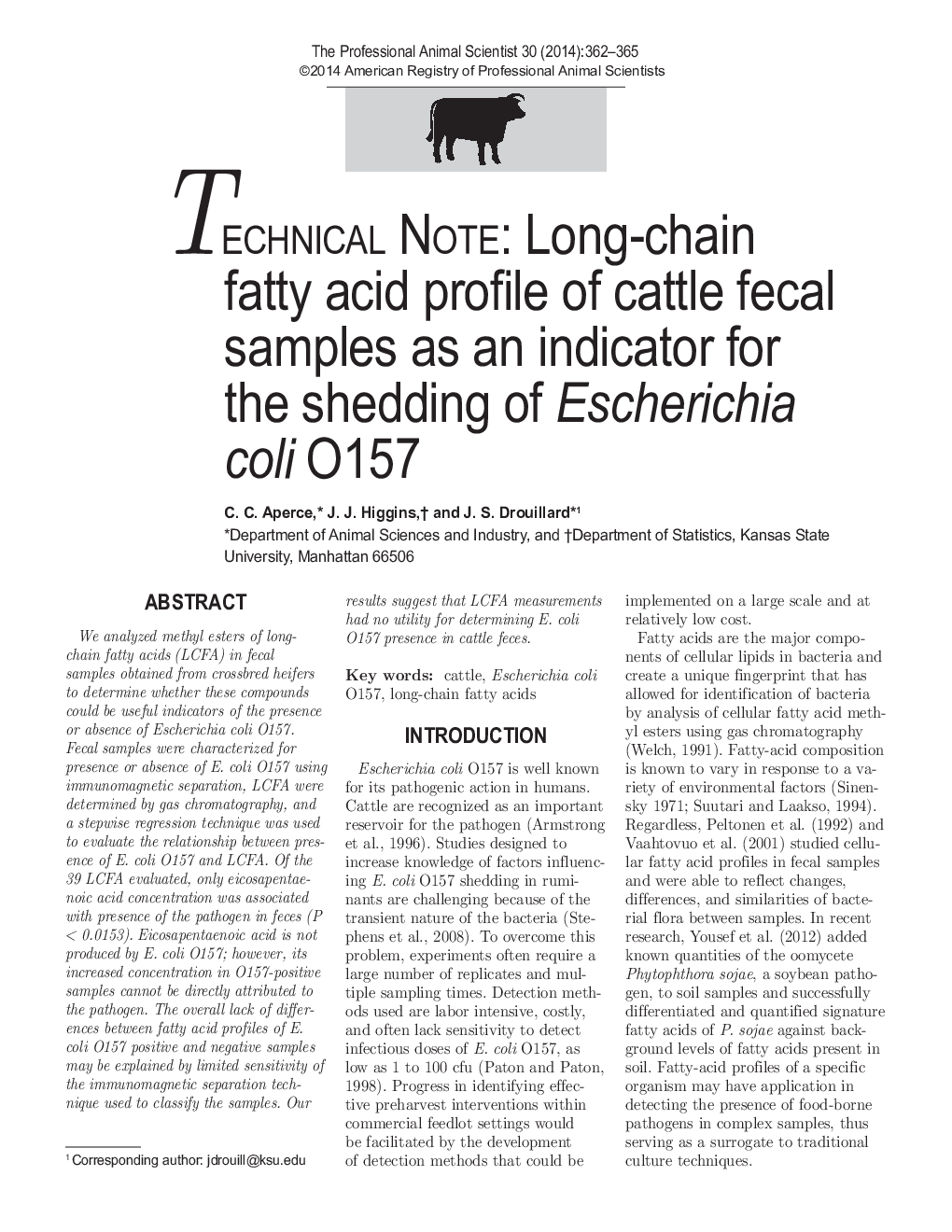TECHNICAL NOTE: Long-chain fatty acid profile of cattle fecal samples as an indicator for the shedding of Escherichia coli O157