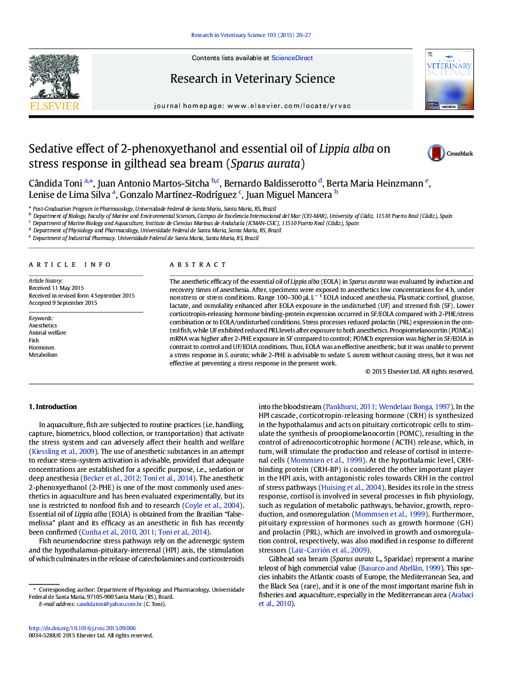 Sedative effect of 2-phenoxyethanol and essential oil of Lippia alba on stress response in gilthead sea bream (Sparus aurata)