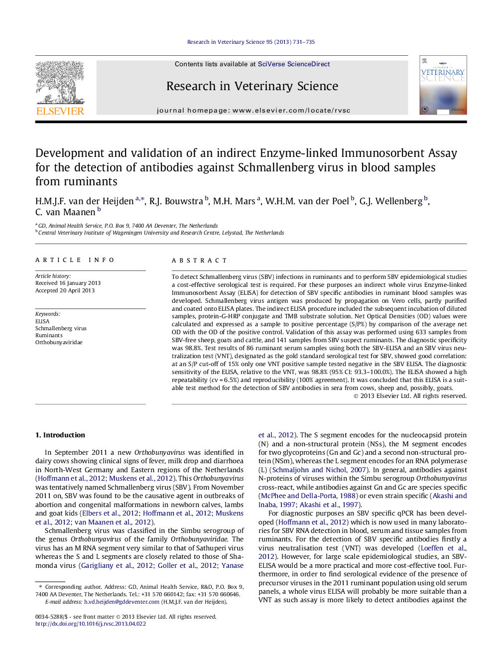 Development and validation of an indirect Enzyme-linked Immunosorbent Assay for the detection of antibodies against Schmallenberg virus in blood samples from ruminants