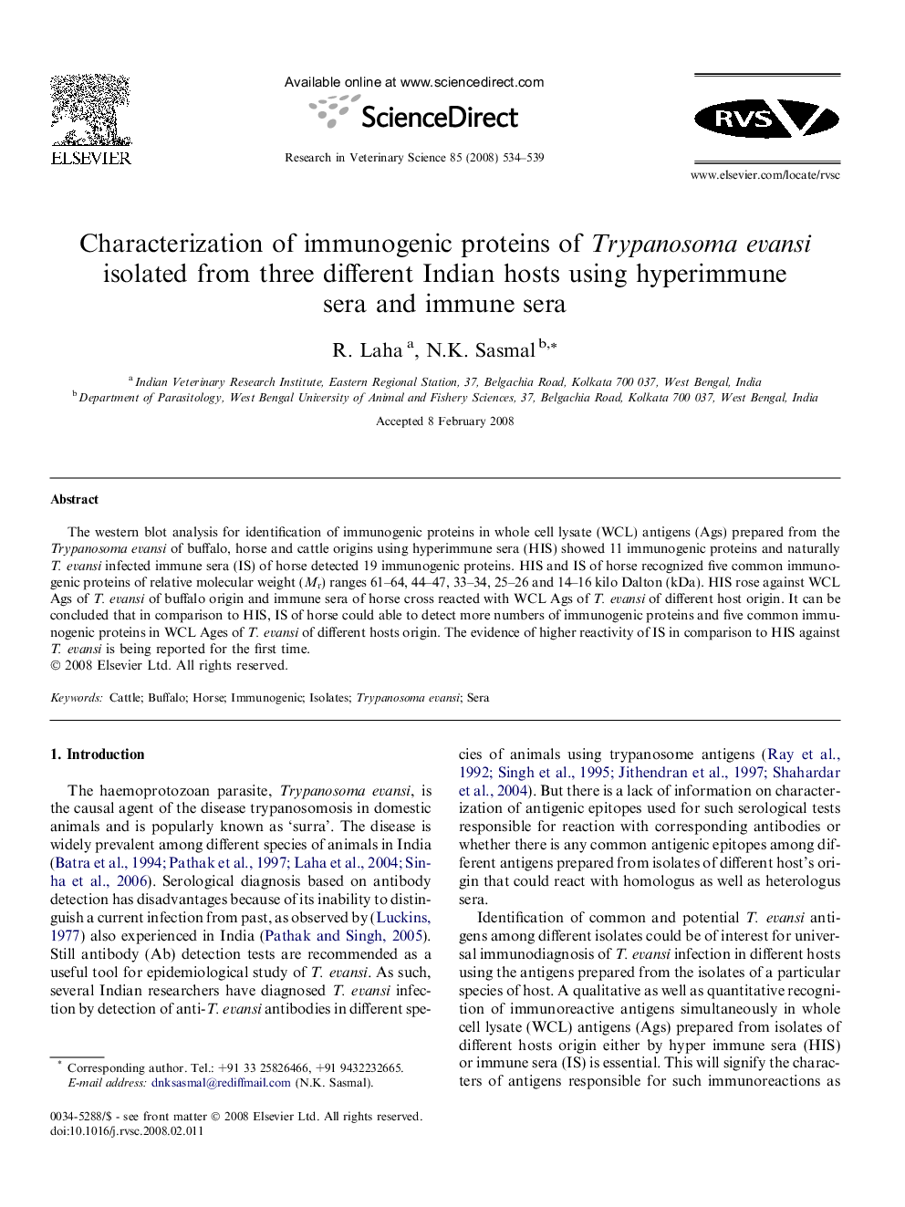 Characterization of immunogenic proteins of Trypanosoma evansi isolated from three different Indian hosts using hyperimmune sera and immune sera