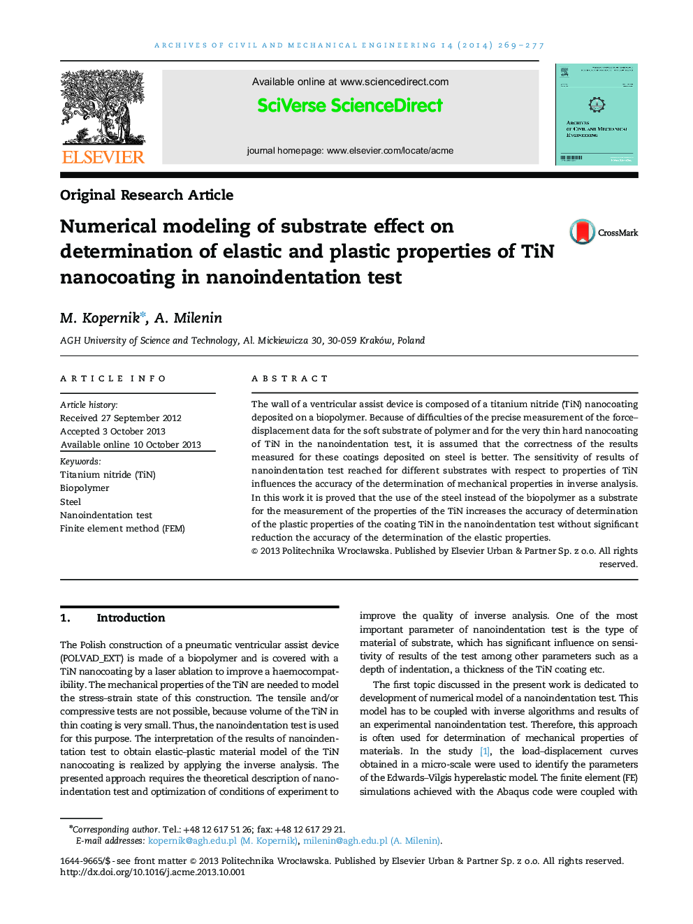 Numerical modeling of substrate effect on determination of elastic and plastic properties of TiN nanocoating in nanoindentation test
