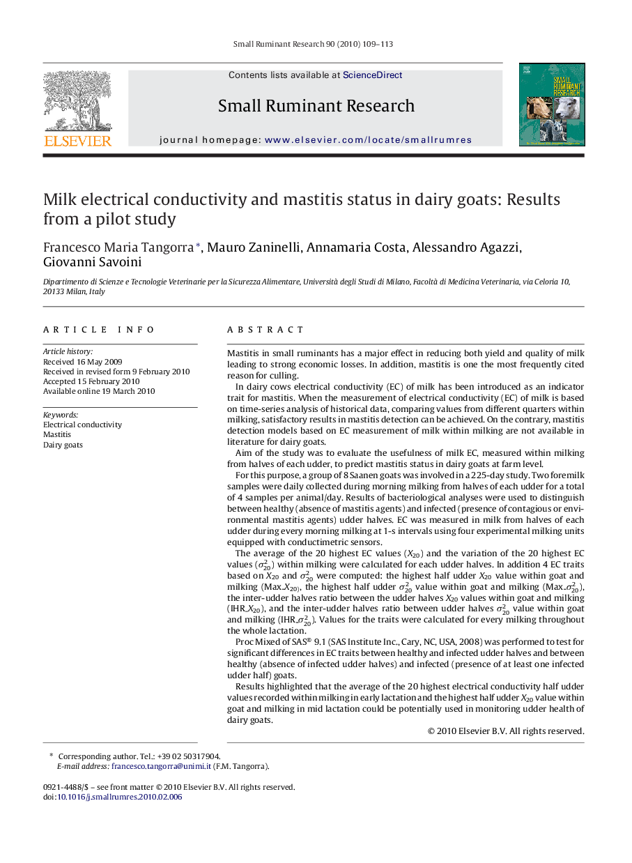 Milk electrical conductivity and mastitis status in dairy goats: Results from a pilot study