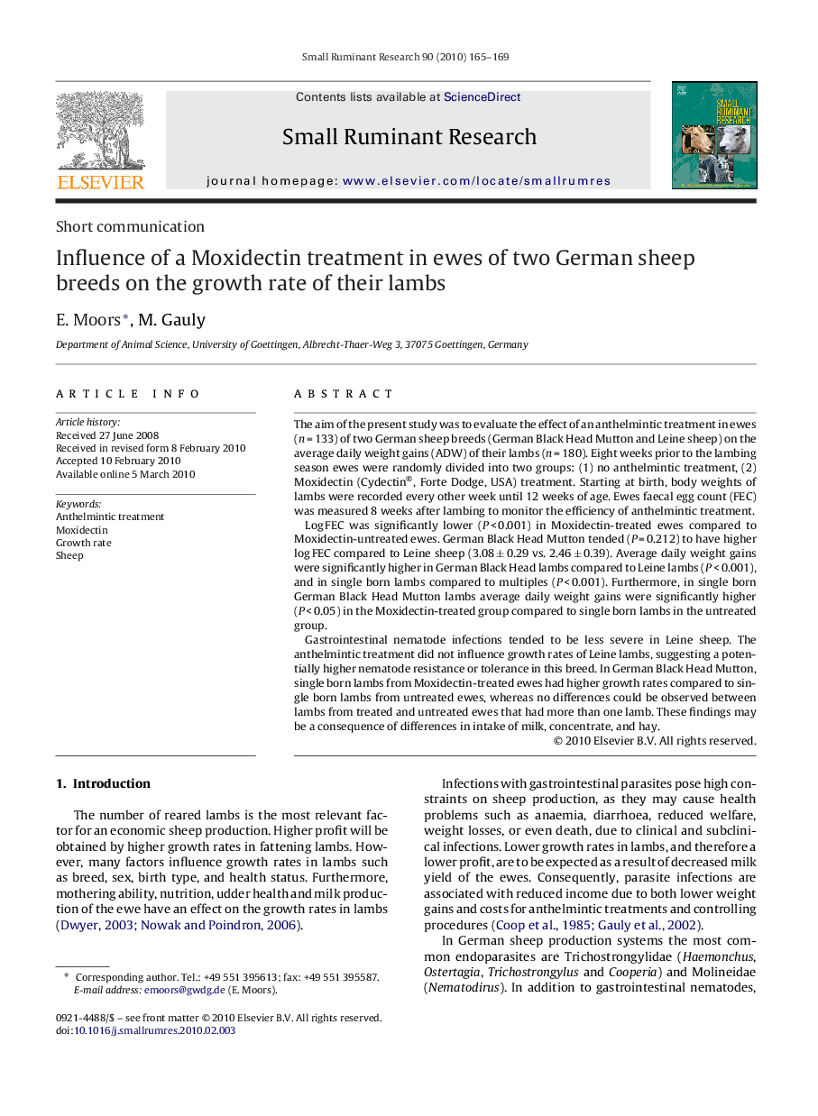 Influence of a Moxidectin treatment in ewes of two German sheep breeds on the growth rate of their lambs