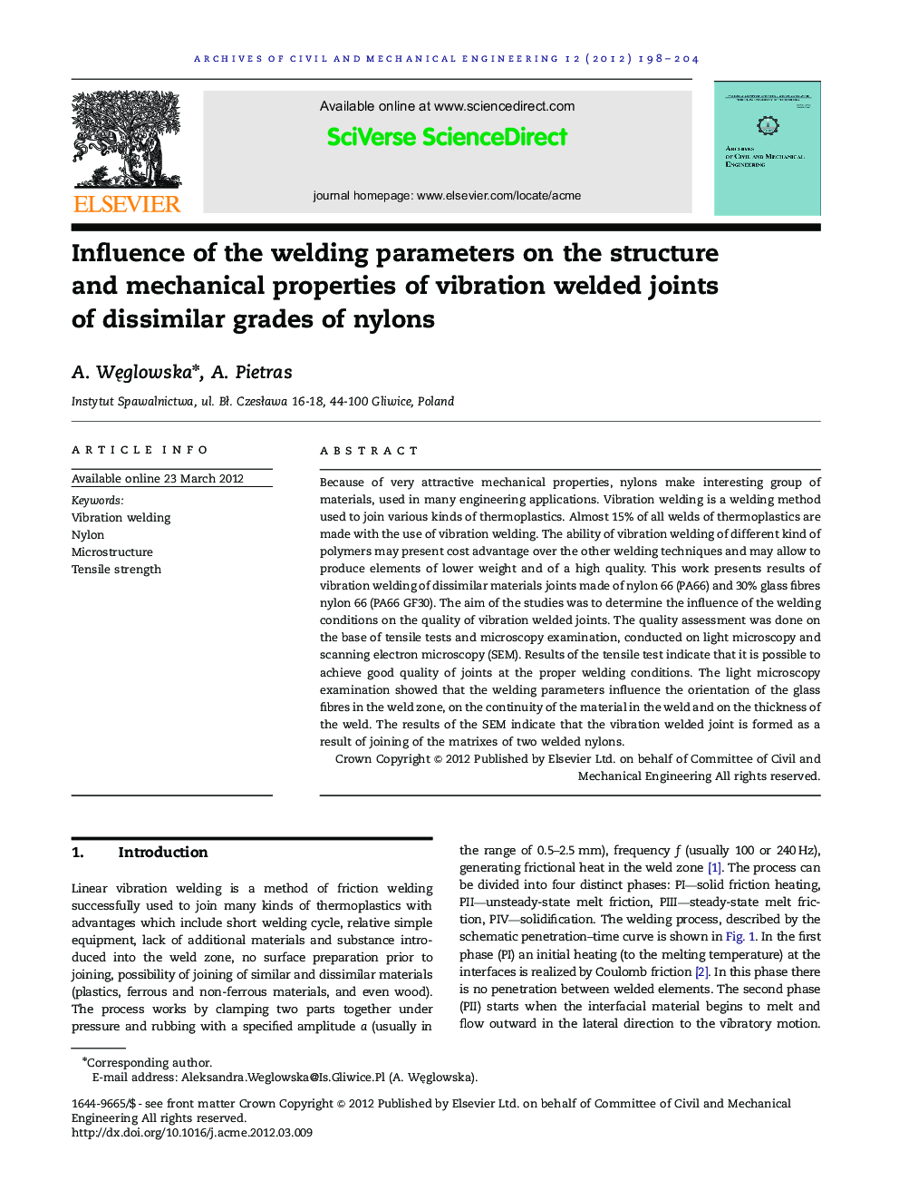 Influence of the welding parameters on the structure and mechanical properties of vibration welded joints of dissimilar grades of nylons