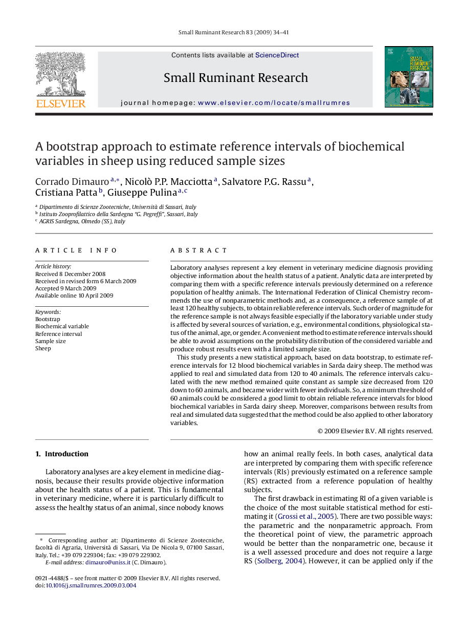 A bootstrap approach to estimate reference intervals of biochemical variables in sheep using reduced sample sizes