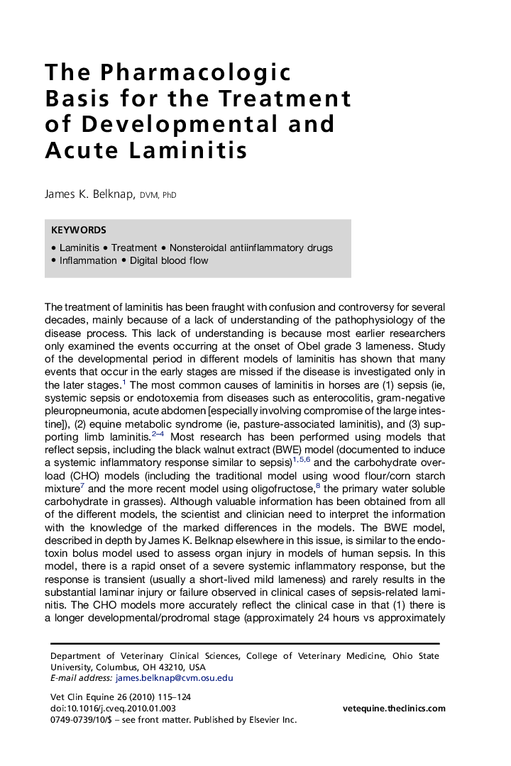 The Pharmacologic Basis for the Treatment of Developmental and Acute Laminitis