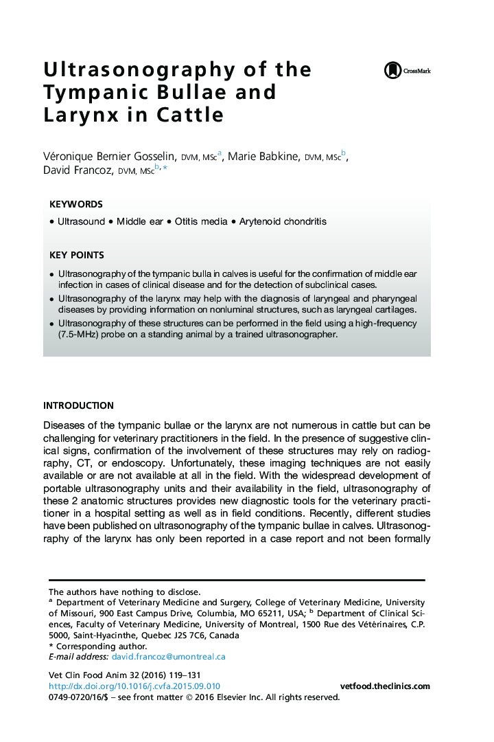 Ultrasonography of the Tympanic Bullae and Larynx in Cattle