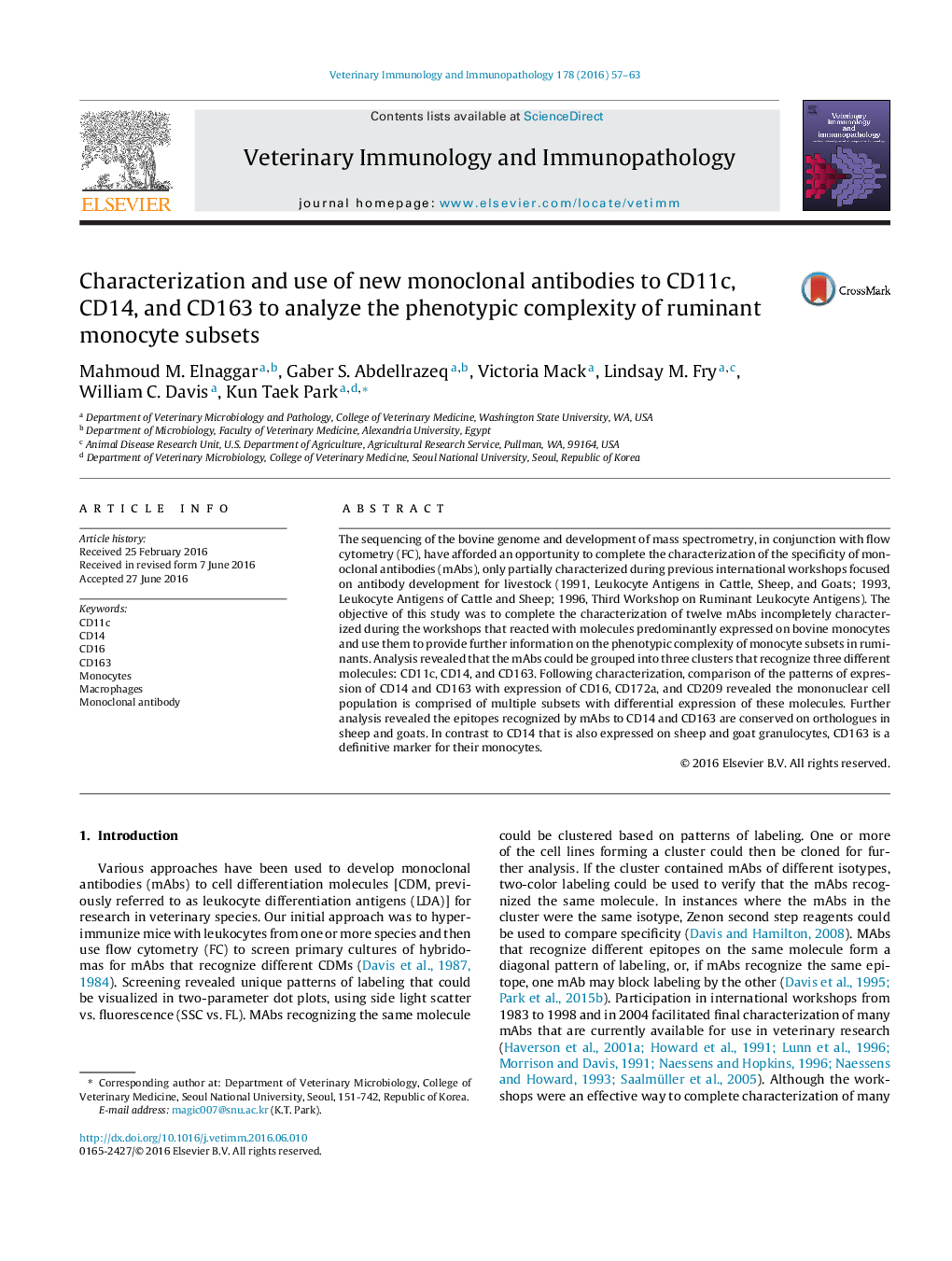 Characterization and use of new monoclonal antibodies to CD11c, CD14, and CD163 to analyze the phenotypic complexity of ruminant monocyte subsets