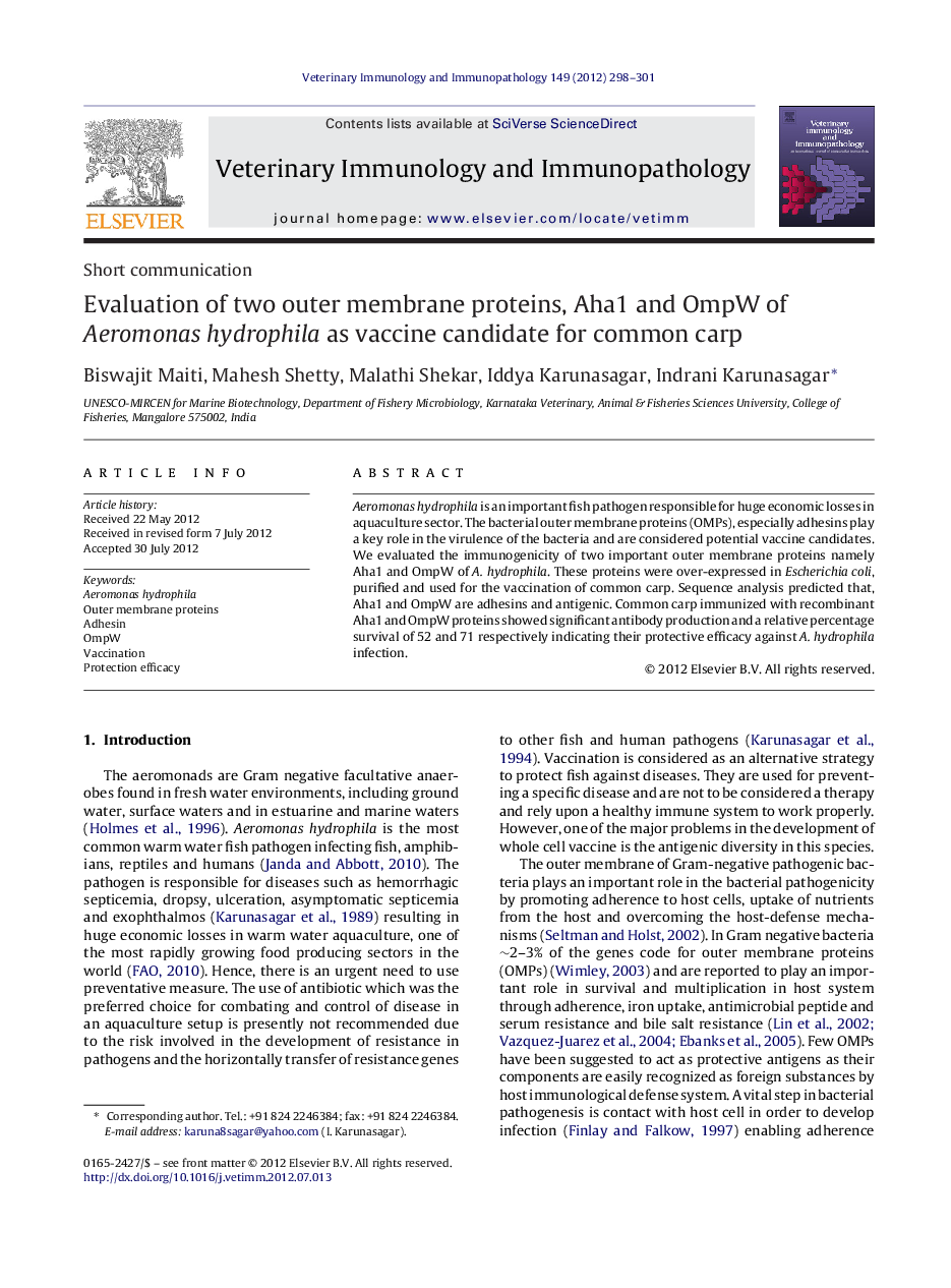 Evaluation of two outer membrane proteins, Aha1 and OmpW of Aeromonas hydrophila as vaccine candidate for common carp