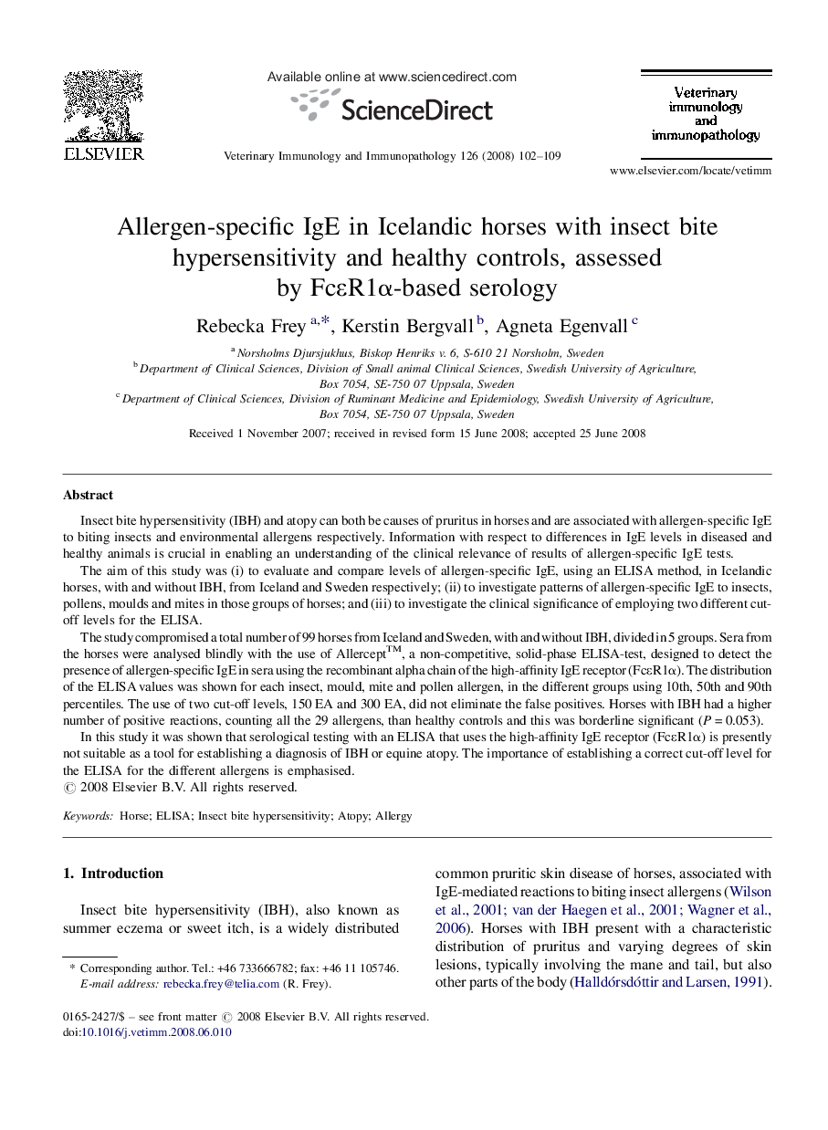 Allergen-specific IgE in Icelandic horses with insect bite hypersensitivity and healthy controls, assessed by FcɛR1α-based serology