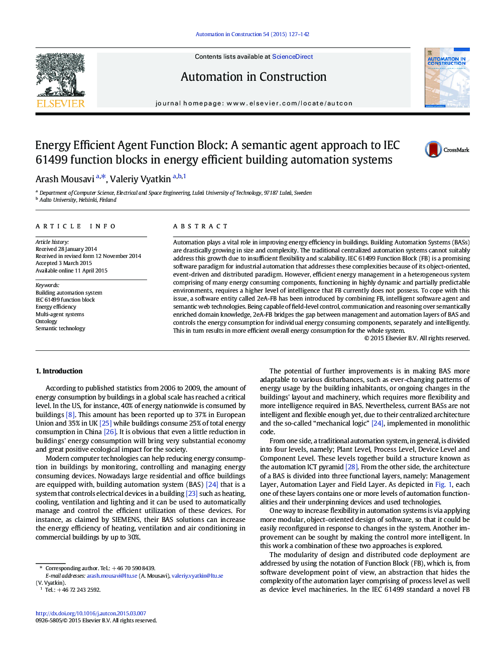 Energy Efficient Agent Function Block: A semantic agent approach to IEC 61499 function blocks in energy efficient building automation systems