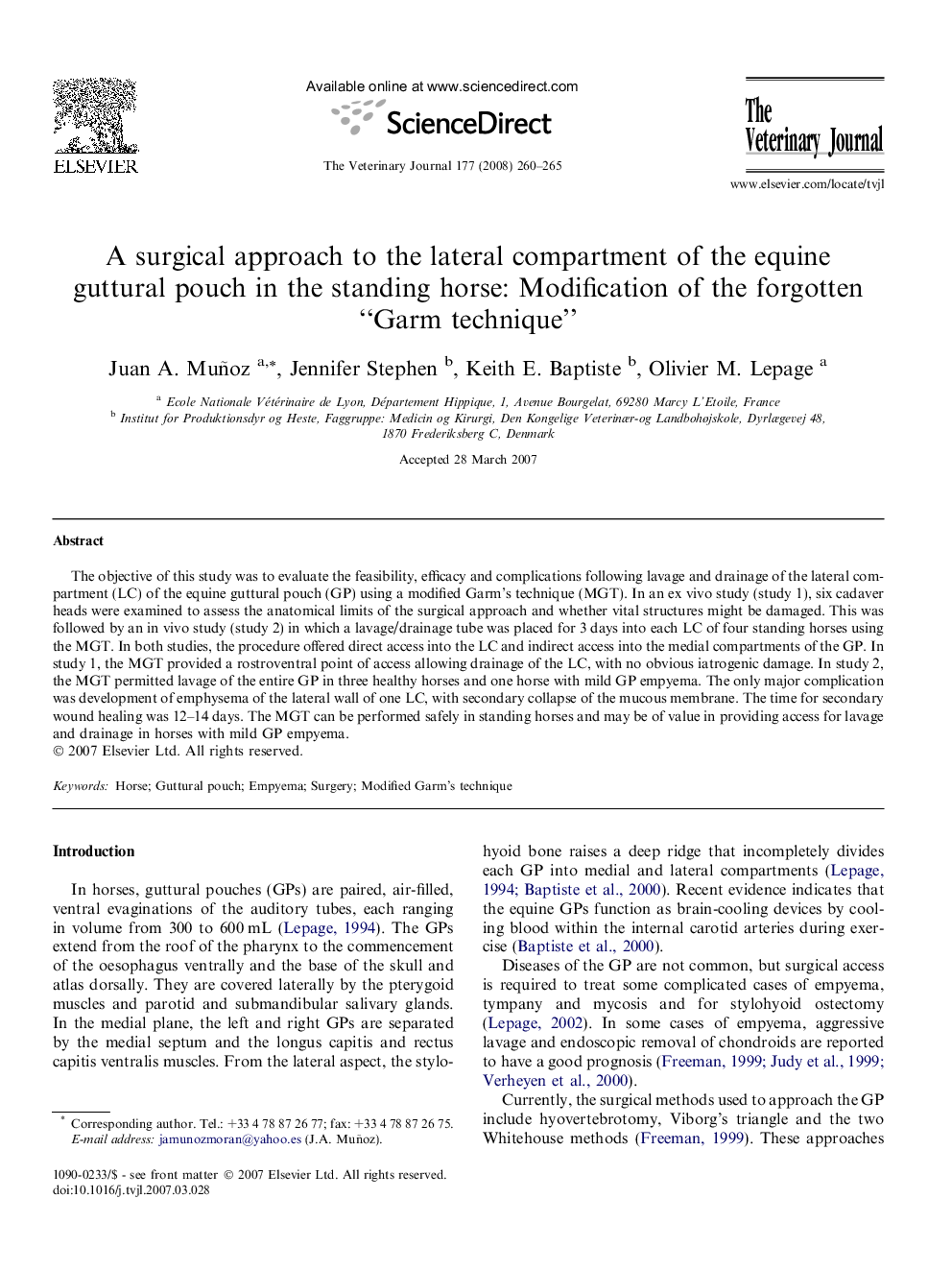 A surgical approach to the lateral compartment of the equine guttural pouch in the standing horse: Modification of the forgotten “Garm technique”