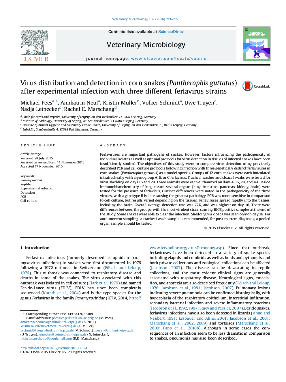 Virus distribution and detection in corn snakes (Pantherophis guttatus) after experimental infection with three different ferlavirus strains