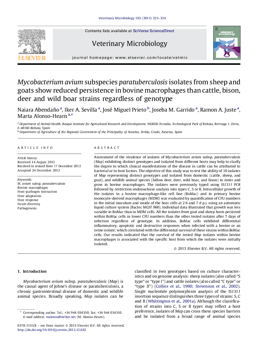 Mycobacterium avium subspecies paratuberculosis isolates from sheep and goats show reduced persistence in bovine macrophages than cattle, bison, deer and wild boar strains regardless of genotype